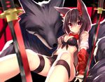  :/ animal animal_ears black_bikini_top black_skirt bow bowtie breasts brown_hair cleavage closed_eyes collared_shirt hair_between_eyes katana looking_at_viewer medium_breasts nekoboshi_sakko open_clothes open_shirt original oversized_animal pleated_skirt red_bow red_eyes red_neckwear shirt short_sleeves sitting skirt sword thigh_strap v-shaped_eyebrows weapon wing_collar wolf wolf_ears 