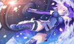  arm_up armor armored_dress ass_visible_through_thighs bare_shoulders benitsuki_tsubasa black_legwear black_panties blush boots breasts commentary_request elbow_gloves fate/grand_order fate_(series) glint gloves hair_over_one_eye large_breasts lavender_hair looking_at_viewer mash_kyrielight panties parted_lips petals purple_eyes purple_gloves shield short_hair solo thigh_boots thighhighs underwear 