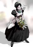  1girl armor armored_dress artist_request black_eyes black_hair breasts collar dress female frills gauntlets glasses gradient gradient_background hair_bun long_skirt maid maid_apron maid_headdress overlord_(maruyama) ribbon shoulder_armor solo spikes yuri_alpha 