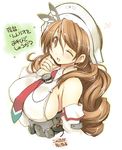 bangs blush breasts brown_eyes brown_hair collared_shirt covered_nipples detached_sleeves directional_arrow eyebrows eyebrows_visible_through_hair hair_between_eyes hand_up headdress kantai_collection large_breasts littorio_(kantai_collection) long_hair long_sleeves looking_at_viewer necktie one_eye_closed open_mouth sakaki_(noi-gren) shirt sideboob sidelocks simple_background sleeveless smile solo translation_request upper_body wavy_hair white_background white_shirt 