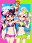  2girls aori_(splatoon) beach bellhenge bikini bikini_shorts bikini_skirt fangs highres hotaru_(splatoon) inkling md5_mismatch mismatched_bikini multiple_girls ocean pointy_ears polka_dot polka_dot_bikini resized shorts snorkel splatoon_(series) splatoon_1 swimsuit tentacle_hair upscaled 