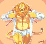  anthro bo-gilliam body_hair briefs clothed clothing disney eyes_closed feline happy_trail leodore_lionheart lion male mammal mane musclegut muscular navel nipples open_shirt pecs signature solo tenting underwear walking zootopia 