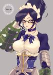  1girl adjusting_glasses armor armored_dress artist_request black_eyes black_hair breasts collar english frills gauntlets glasses hair_bun maid maid_headdress overlord_(maruyama) puffy_sleeves ribbon solo spikes yuri_alpha 