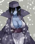  aoshima blue_skin breasts cleavage commentary_request forbidden_scrollery fortune_teller_(touhou) genderswap genderswap_(mtf) highres japanese_clothes kimono large_breasts obi sash solo touhou 