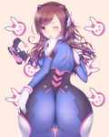  ;d arched_back armor ass bangs bent_over bodysuit bracer breasts brown_eyes brown_hair cameltoe charm_(object) cowboy_shot d.va_(overwatch) eyebrows eyebrows_visible_through_hair facepaint facial_mark fang from_behind gloves gun hand_on_ass handgun headphones high_collar hitomilook leaning_forward long_hair looking_at_viewer looking_back medium_breasts one_eye_closed open_mouth overwatch pauldrons pilot_suit ribbed_bodysuit shoulder_pads simple_background smile solo thigh_gap turtleneck weapon whisker_markings white_gloves 