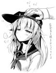 1girl ai_takurou anchor_symbol bangs blush closed_mouth collarbone eyebrows eyebrows_visible_through_hair flat_cap gloves greyscale hair_between_eyes hat hibiki_(kantai_collection) kantai_collection long_hair long_sleeves monochrome motion_lines neckerchief out_of_frame petting school_uniform serafuku sidelocks simple_background sketch solo_focus sparkle speech_bubble spoken_ellipsis translation_request upper_body white_background 