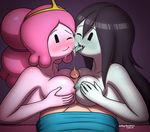  1boy 2girls adventure_time areolae artist_name black_hair blush breasts cubbychambers facial fangs finn long_hair marceline_abadeer multiple_girls nipples paizuri penis pink_hair princess_bonnibel_bubblegum teamwork tongue 