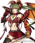  armpits black_legwear demon_tail earrings gauntlets green_hair holding holding_sword holding_weapon jewelry katana keible long_hair miniskirt navel pink_eyes pointy_ears ragna_cross red_skirt skirt solo sword tail thighhighs twintails watermark weapon wings 