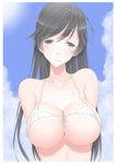  arms_behind_back bad_id bad_pixiv_id bikini bikini_top black_hair blue_eyes breasts covered_nipples girls_und_panzer isuzu_hana large_breasts long_hair looking_at_viewer nasu2000 smile solo sweat swimsuit upper_body white_bikini 