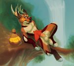  2016 antlers balls bandanna cervine deer fur horn male mammal nude outside penis red_eyes simple_background solo spread_legs spreading treasure tree zambuka 