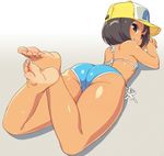  ass barefoot baseball_cap bikini black_hair brown_eyes feet flat_chest grin hat looking_back lying om_(nk2007) on_stomach short_hair smile soles solo swimsuit tan toes yamaguchi_mika youkai_watch 
