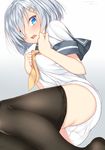  ass black_legwear blue_eyes breasts embarrassed hair_ornament hair_over_one_eye hairclip hamakaze_(kantai_collection) highres kantai_collection looking_at_viewer lying medium_breasts nebusoku neckerchief no_pants on_side open_mouth panties pantyhose pantyhose_pull school_uniform serafuku short_hair short_sleeves silver_hair solo thighs underwear wavy_mouth white_panties yellow_neckwear 