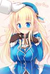  ai_takurou atago_(kantai_collection) bangs beret blonde_hair blue_eyes blush breasts brown_gloves eyebrows eyebrows_visible_through_hair flying_sweatdrops gloves hair_between_eyes hand_on_own_chest hat kantai_collection large_breasts long_hair long_sleeves motion_lines nose_blush open_mouth out_of_frame petting pink_background sidelocks solo_focus translation_request uniform upper_body wavy_mouth white_gloves 