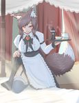  alternate_costume animal_ears apron bed black_legwear blush breasts brown_hair coffee_pot cube85 cup curtains garter_straps highres imaizumi_kagerou large_breasts light_rays long_hair looking_at_viewer maid red_eyes smile solo sunbeam sunlight teacup teapot thighhighs touhou tray underbust wolf_ears 