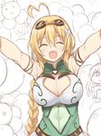  ahoge armpits balloon balloon_vine_(flower_knight_girl) blonde_hair braid breasts cleavage cleavage_cutout closed_eyes facing_viewer flower_knight_girl goggles goggles_on_head large_breasts long_hair morino_harifu outstretched_arms shirt sketch smile solo spread_arms upper_body white_background 