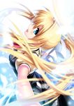  air blonde_hair blue_eyes blush feathers from_behind head_tilt highres kamio_misuzu long_hair looking_back open_mouth outstretched_arms ponytail school_uniform smile solo spread_arms wings zen 