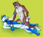  2016 anthro balls bdsm blue_fur blue_hair bondage bound brown_eyes canine chest_tuft circumcised claws dog domination duo erection fek_(character) frottage fur gloves_(marking) green_eyes green_nose hair humanoid_penis jeanwoof knot male male/male male_domination mammal markings multicolored_body multicolored_fur nude on_top orgasm pawpads paws penis pink_penis sex side_view smile spots spotted_fur teeth tongue tuft vein whiskers wolf 