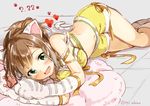  :d animal_ears blush brown_hair cat_ears cat_paws cat_tail dated fang green_eyes idolmaster idolmaster_cinderella_girls idolmaster_cinderella_girls_starlight_stage maekawa_miku miyabi_akino open_mouth paw_print paws short_hair shorts smile solo tail twitter_username yellow_shorts 