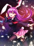  absurdres animal_ears black_legwear blazer boots breasts bunny_ears bunny_tail extra_ears highres jacket koissa long_hair looking_at_viewer medium_breasts miniskirt moon necktie open_mouth pleated_skirt purple_hair red_eyes red_neckwear reisen_udongein_inaba skirt smile solo tail thighhighs touhou very_long_hair zettai_ryouiki 