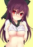  :o blush bow breasts frilled_shirt_collar frills green_bow hair_bow large_breasts lifted_by_self long_hair looking_at_viewer minamura_haruki navel no_bra nose_blush puffy_short_sleeves puffy_sleeves purple_hair red_eyes reiuji_utsuho shirt shirt_lift short_sleeves solo touhou underboob upper_body white_shirt 