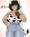  abs bloodcifer bovine breasts clenched_teeth clothed clothing dark_skin female grin hair horn mammal muscular muscular_female not_furry simple_background solo teeth 