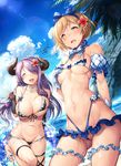  :d ^_^ adapted_costume ajishio arm_behind_back arms_behind_back ass_visible_through_thighs bare_shoulders beach bikini blonde_hair blush bow breasts cleavage closed_eyes cloud day djeeta_(granblue_fantasy) draph granblue_fantasy hair_bow hair_ribbon highres kimi_to_boku_no_mirai large_breasts long_hair looking_at_viewer micro_bikini multiple_girls narmaya_(granblue_fantasy) navel open_mouth outdoors partially_visible_vulva pointy_ears purple_hair ribbon short_hair side-tie_bikini skindentation sky smile sweat swimsuit tears thighs waving 