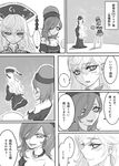  2girls bare_shoulders blush check_translation choker clothes_writing comic crossed_arms earth_(ornament) flying greyscale hair_over_one_eye hecatia_lapislazuli highres junko_(touhou) long_hair long_sleeves miata_(miata8674) monochrome moon_(ornament) multiple_girls open_mouth smile spoken_ellipsis touhou translation_request 