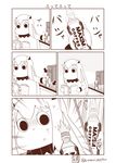  bottle bottle_cap brand_name_imitation comic commentary computer_tower georgia_max_coffee highres holding horns kantai_collection long_hair magazine mittens monochrome moomin muppo northern_ocean_hime reading sazanami_konami shaking shinkaisei-kan translated wet 