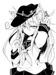  1girl ai_takurou anchor_symbol animal_ears arm_up bangs blush cat_ears cat_tail cowboy_shot eyebrows eyebrows_visible_through_hair flat_cap greyscale hair_between_eyes hat hibiki_(kantai_collection) kantai_collection kemonomimi_mode long_hair long_sleeves monochrome motion_lines neckerchief pleated_skirt school_uniform serafuku sidelocks simple_background sketch skirt solo speech_bubble spoken_ellipsis tail white_background 