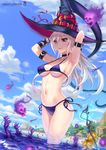  armband armpits arms_behind_head artist_name bangs beach bikini breasts buckle choker cloud day eyelashes ghost hair_over_one_eye hands hat hat_belt highres jack-o'-lantern long_hair looking_away medium_breasts navel original outdoors parted_lips red_eyes side-tie_bikini skull sky smile solo staff strap_gap swimsuit wading wet white_hair witch_hat wox 