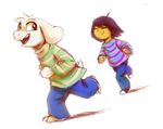  2015 anthro asriel_dreemurr boss_monster caprine child clothing eyes_closed fur goat happy human humanoid long_ears mammal overthestory protagonist_(undertale) running smile undertale video_games white_fur young 