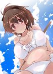  bangs bikini bow_bikini breasts brown_eyes brown_hair cloud cloudy_sky day from_below girls_und_panzer hair_ribbon holding koyama_yuzu large_breasts lens_flare looking_at_viewer mop ribbon short_hair short_ponytail sketch sky solo standing sweat swimsuit white_bikini yumesato_makura 