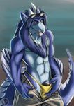  2016 abs anthro biceps blur bulge clothing digital_media_(artwork) dragon eyewear fur goggles hair horn invalid_tag jakensitou looking_at_viewer male muscular muscular_male open_mouth pecs pose reptile scalie simple_background smile solo standing teeth thong tongue tongue_out underwear 