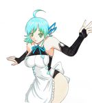  ahoge apron aqua_hair bare_shoulders breasts bridal_gauntlets cowboy_shot dream_c_club dream_c_club_(series) dream_c_club_zero elbow_gloves for-somebody gloves gradient_hair green_eyes green_hair highleg highleg_leotard highres impossible_clothes large_breasts leotard looking_at_viewer multicolored_hair nonono_(dream_c_club) pale_skin robot_ears shiny shiny_hair short_hair smile solo traditional_media white_background 