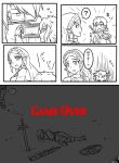  1boy 1girl 5koma ? anger_vein angry ass braid camera comic crown_braid earrings emphasis_lines empty_eyes game_over greyscale highres holding holding_camera jewelry link long_hair looking_at_another lying master_sword monochrome motion_lines nintendo on_side open_mouth pants pervert pointing pointy_ears ponytail princess_zelda serious sheath shield shirt sidelocks spoken_anger_vein spoken_question_mark spot_color suzusiigasuki sword the_legend_of_zelda the_legend_of_zelda:_breath_of_the_wild user_interface viewfinder walking weapon 