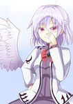  aki_chimaki bow bowtie braid closed_mouth dress expressionless jacket kishin_sagume red_eyes silver_hair single_wing solo touhou wings 