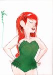  1girl artist_signature batman_(series) dc_comics dustin_nguyen hands_on_hips leotard plant poison_ivy red_hair simple_background solo wearing_plant 