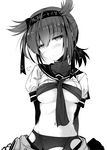  =3 ai_takurou anchor_symbol arms_behind_back bangs blush breasts closed_mouth clothes_lift cowboy_shot expressionless eyebrows eyebrows_visible_through_hair greyscale groin hair_between_eyes hair_flaps hairband hatsuzuki_(kantai_collection) head_tilt kantai_collection looking_at_viewer medium_breasts monochrome navel neckerchief pantyhose ponytail puffy_short_sleeves puffy_sleeves short_sleeves simple_background sketch solo stomach torn_clothes torn_legwear underboob white_background 