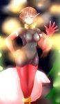  1girl aile bangs bodysuit breasts covered_navel elbow_gloves female gloves green_eyes hair_between_eyes hand_on_hip long_hair medium_breasts ponytail red_gloves rockman rockman_zx rockman_zx_advent sack santa_gloves skin_tight solo standing tgxx3300 thighhighs waving 