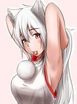  alternate_hair_length alternate_hairstyle animal_ears bare_shoulders blush breasts inubashiri_momiji kyabe_tsuka large_breasts long_hair pink_background pom_pom_(clothes) red_eyes silver_hair simple_background solo touhou wolf_ears 