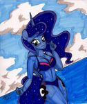  2016 anthro anthrofied bikini blue_eyes blush breasts cleavage clothed clothing cutie_mark equine female friendship_is_magic horn mammal my_little_pony newyorkx3 princess_luna_(mlp) sea solo sparkles swimsuit traditional_media_(artwork) water winged_unicorn wings 