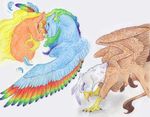  absurd_res applejack_(mlp) avian beak blonde_hair blue_feathers brown_feathers brown_fur dawn22eagle earth_pony equine eyelashes eyes_closed feathered_wings feathers female feral friendship_is_magic fur gilda_(mlp) group gryphon hair hi_res hooves horse mammal multicolored_feathers multicolored_hair my_little_pony open_mouth orange_fur pegasus pony rainbow_dash_(mlp) rainbow_feathers simple_background standing talons tears tongue traditional_media_(artwork) white_background white_feathers wings 
