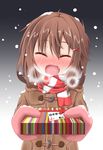  ^_^ ahoge blush brown_hair closed_eyes fang gift hair_ornament hairclip heavy_breathing ikazuchi_(kantai_collection) jacket kantai_collection mittens open_mouth scarf short_hair smile snowing solo striped striped_scarf translated tsunsuki_(naobe009) 