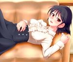  black_hair blush breasts couch frilled_shirt frills from_side hand_on_own_stomach hiden_(takanori) high-waist_skirt highres looking_at_viewer lying medium_breasts on_back open_mouth original red_eyes shirt short_hair skirt solo 