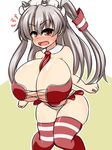  1girl amatsukaze_(kantai_collection) bare_shoulders between_breasts blush bra breasts brown_eyes cleavage female hair_ornament huge_breasts kantai_collection long_hair long_twintails looking_at_viewer maid_headdress miniskirt moyashi_udon necktie open_mouth panties plump red_legwear silver_hair simple_background skirt skirt_flip solo standing striped_thighhighs thick_thighs thighhighs twintails white_panties 