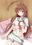  :o ahoge bad_id bad_pixiv_id blush brown_hair highres huge_ahoge jewelry kantai_collection kuma_(kantai_collection) long_hair looking_at_viewer masayo_(gin_no_ame) navel pillow plaid plaid_pillow red_eyes ring school_uniform short_sleeves shorts solo unbuttoned wedding_band 