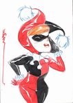  1girl artist_signature batman_(series) bodysuit dc_comics domino_mask dustin_nguyen harley_quinn jester_cap mask simple_background smile solo 