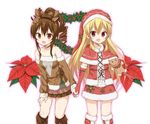  arm_warmers bare_shoulders blonde_hair boots bow brown_bow brown_eyes brown_footwear brown_hair brown_skirt brown_sleeves choker detached_sleeves drill_hair elbow_gloves flower flower_knight_girl gingerbread_man gloves hair_bow hairband hat holding_hands holly holly_(flower_knight_girl) knee_boots layered_skirt long_hair looking_at_viewer morino_harifu multiple_girls object_namesake poinsettia poinsettia_(flower_knight_girl) ponytail red_eyes red_gloves red_hat red_skirt santa_hat shawl short_hair skirt smile white_background 