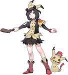  beanie black_hair boots cosplay costume_switch ege_(597100016) gen_7_pokemon hat looking_at_viewer mimikyu mizuki_(pokemon) pokemon pokemon_(creature) pokemon_(game) pokemon_sm red_hat shirt short_hair smile tied_shirt white_background 