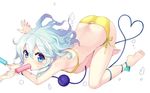  alternate_costume bare_legs bare_shoulders barefoot bikini blue_eyes blush breasts eyeball feet food food_in_mouth full_body heart heart_of_string komeiji_koishi looking_at_viewer minamura_haruki popsicle short_hair side-tie_bikini silver_hair small_breasts solo_focus swimsuit third_eye top-down_bottom-up touhou yellow_bikini 